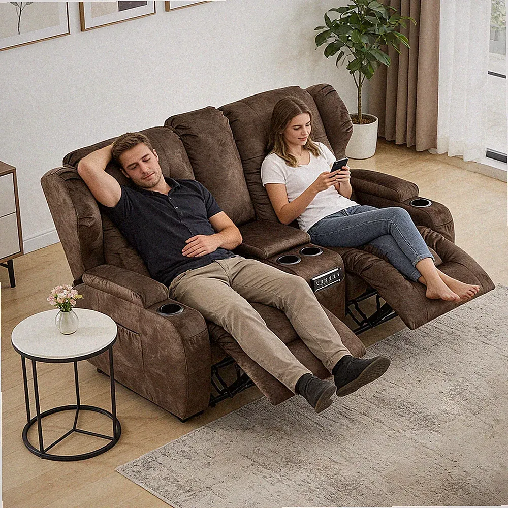 Loveseat Recliner Manual Home Theater Seat for Living Room w/ Pillow&Cup Holders