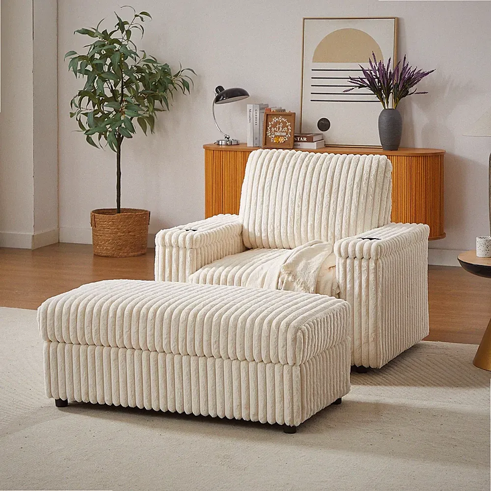 Modern Corduroy Upholstered Recliner w/ Storage Arm and Ottoman for Living Room