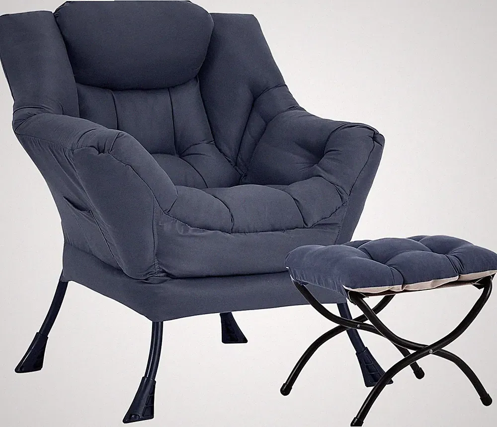 Navy Lazy Chair with Ottoman - Modern Lounge Armchair for Home & Office