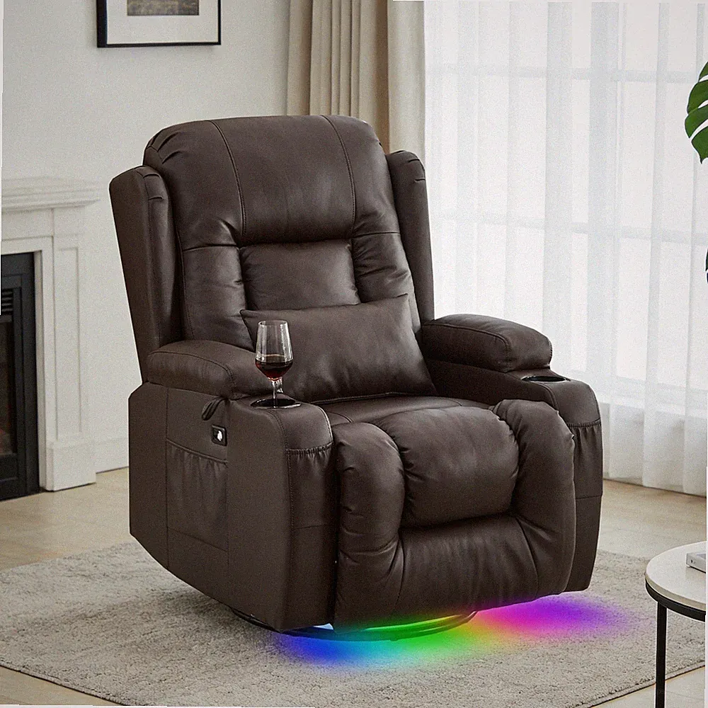 Swivel Recliner Chair Manual Rocker Sofas with Pillow&LED Lights for Living Room
